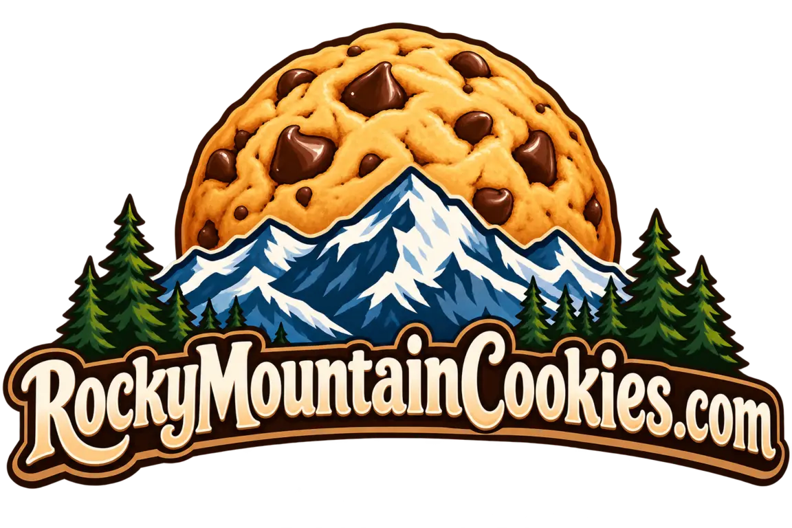 RockyMountainCookies.com logo with a chocolate chip cookie, snowy mountains and pine trees